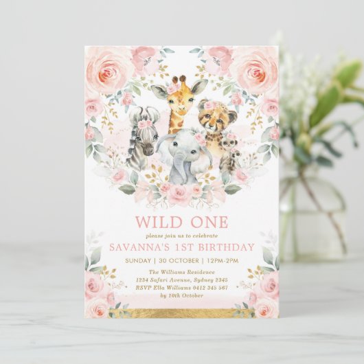 Girl Wild One Oerwoud Safari Blush Floral Birthday Kaart (Staand voorkant)