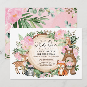 Girl Wild One Pink Floral Woodland 1e verjaardag Kaart
