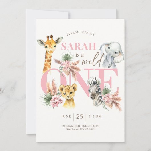 Girl Wild One Safari Verjaardag Uitnodiging Oerwou (Voorkant)