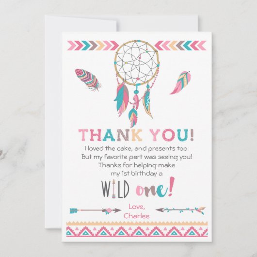 Girl Wild One Tribal Birthday Boho Bedankt (Voorkant)