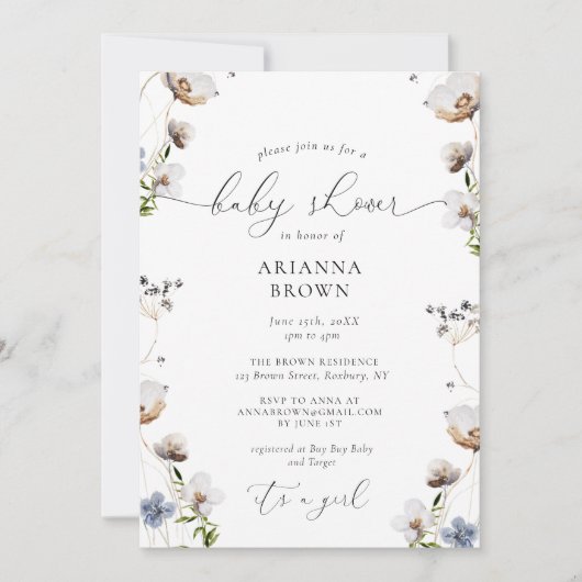Girl Wildflower Calligraphy Baby shower Invitation Kaart (Voorkant)