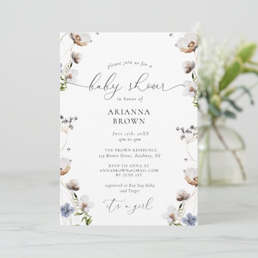 Girl Wildflower Calligraphy Baby shower Invitation Kaart (Staand voorkant)