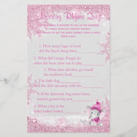 Girl Winter Elephant Baby shower Games Flyer (Achterkant)