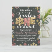 Girl Winter Onederland Birthday Invitation Gold Kaart (Staand voorkant)