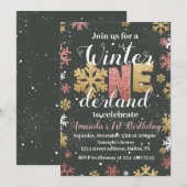 Girl Winter Onederland Birthday Invitation Gold Kaart (Voorkant / Achterkant)