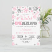 Girl Winter Onederland First Birthday Invitation Kaart (Staand voorkant)