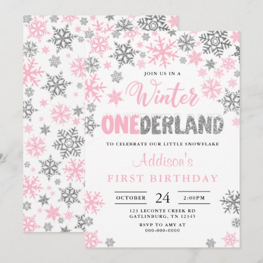 Girl Winter Onederland First Birthday Invitation Kaart (Voorkant / Achterkant)