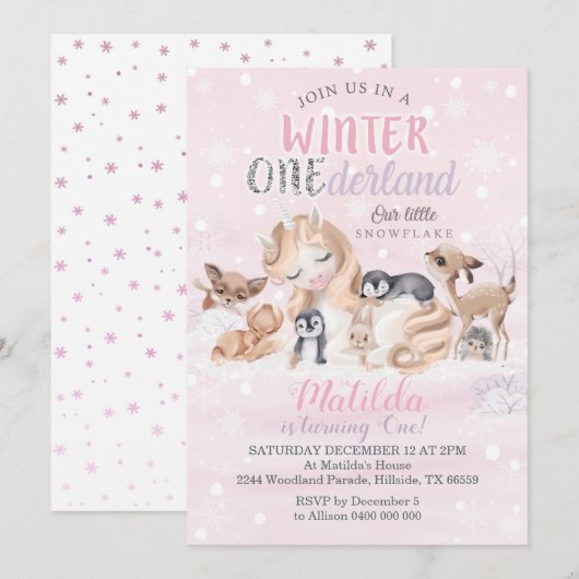 Girl Winter Onederland Invitation Snowflakes Kaart (Voorkant / Achterkant)