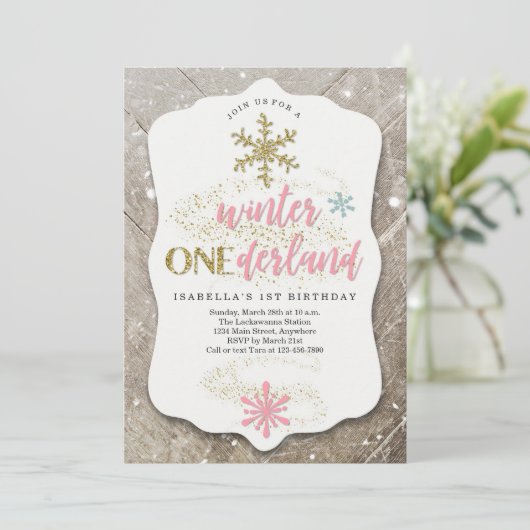 Girl Winter ONEderland ThMED First Birthday Party Kaart (Staand voorkant)