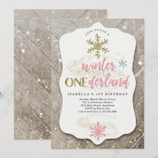 Girl Winter ONEderland ThMED First Birthday Party Kaart (Voorkant / Achterkant)