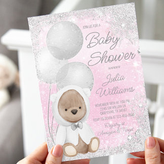 Girl Winter Wonderland Teddy Bear Baby shower Kaart