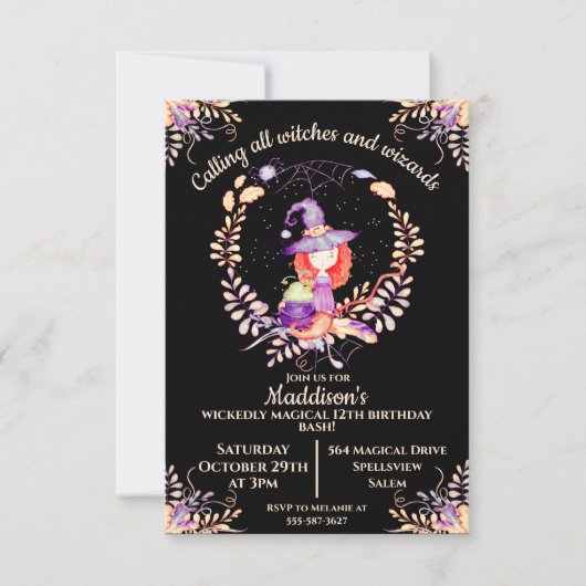 Girl Witch Birthday Waterverf Kaart (Voorkant)