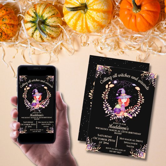 Girl Witch Birthday Waterverf Kaart