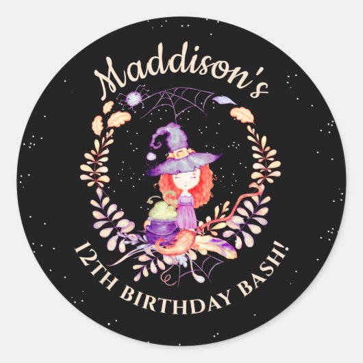 Girl Witch Birthday Waterverf Ronde Sticker (Voorkant)