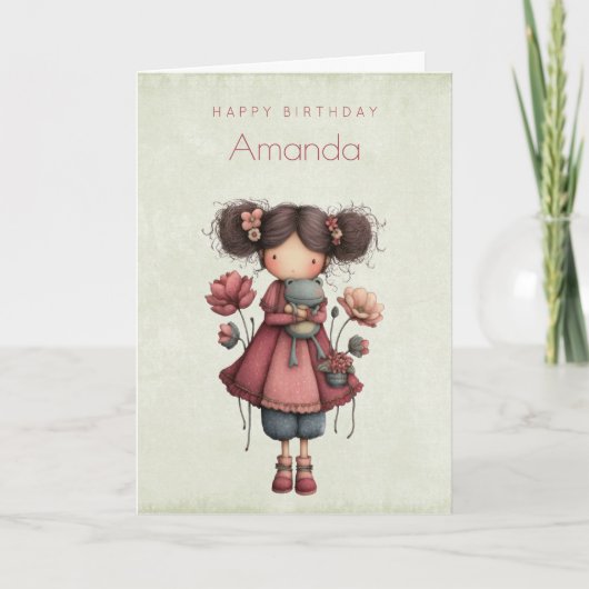 Girl with A Frog Doll Cute Whimsical Birthday Kaart (Voorkant)