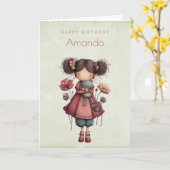Girl with A Frog Doll Cute Whimsical Birthday Kaart (Gele Bloem)