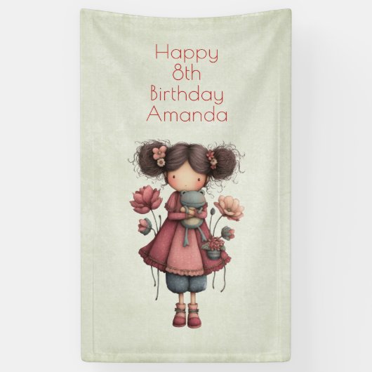 Girl with A Frog Doll Cute Whimsical Birthday Spandoek (Verticaal)