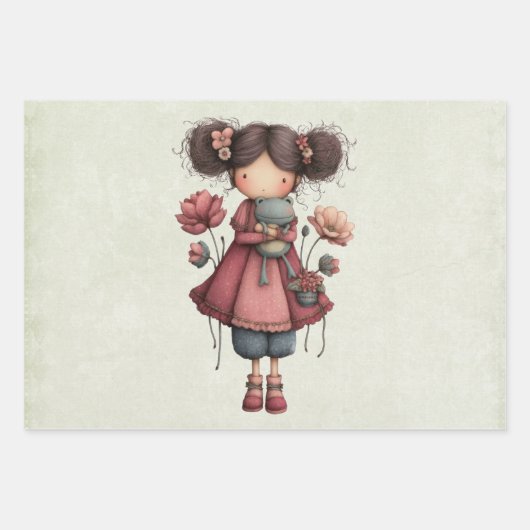 Girl with A Frog Doll Cute Whimsical Inpakpapier Vel (Voorkant)