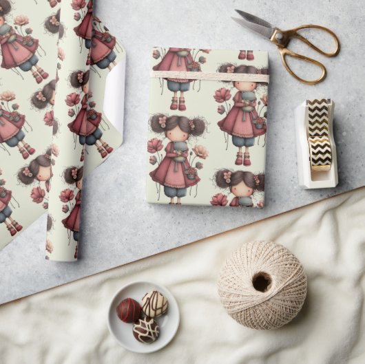 Girl with A Frog Doll Cute Whimsical Pattern Cadeaupapier (Crafts)