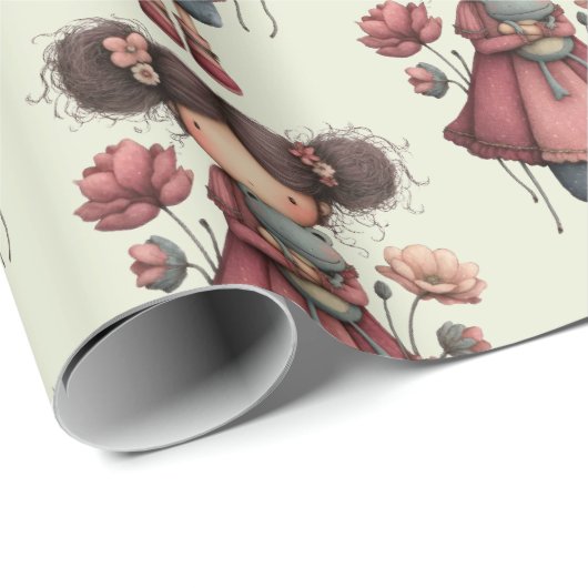 Girl with A Frog Doll Cute Whimsical Pattern Cadeaupapier (Rol Hoek)