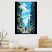 Girl with backpack walking towards fantasy crystal poster (Keuken)