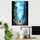 Girl with backpack walking towards fantasy crystal poster (Thuiskantoor)