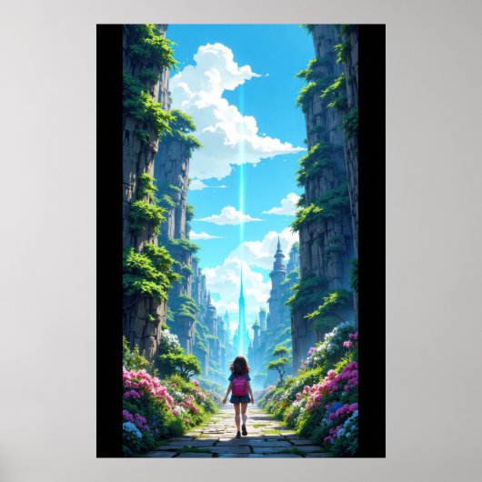 Girl with backpack walking towards fantasy crystal poster (Voorkant)