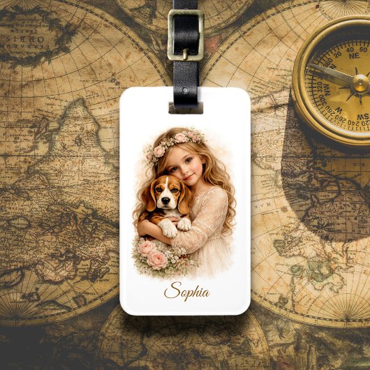 Girl with Beagle Puppy Bagagelabel
