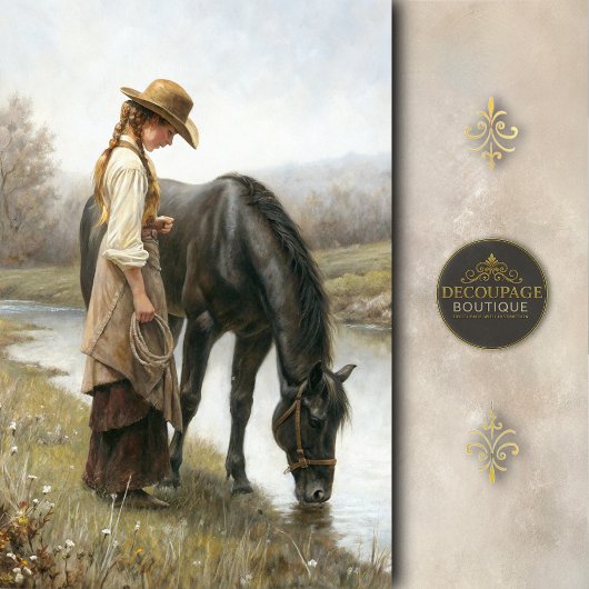 Girl With Black Horse By Stream Decoupage Tissuepapier