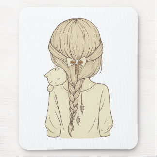 Girl with Braid and Cat Illustration – Soft Pastel Muismat