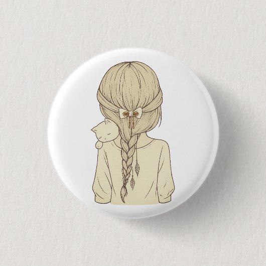 Girl with Braid and Cat Illustration – Soft Pastel Ronde Button 3,2 Cm (Voorkant)