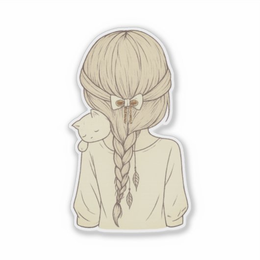 Girl with Braid and Cat Illustration – Soft Pastel Sticker (Voorkant)