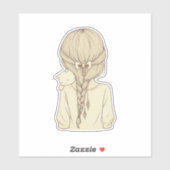Girl with Braid and Cat Illustration – Soft Pastel Sticker (Vel)