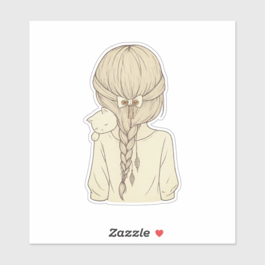 Girl with Braid and Cat Illustration – Soft Pastel Sticker (Vel)