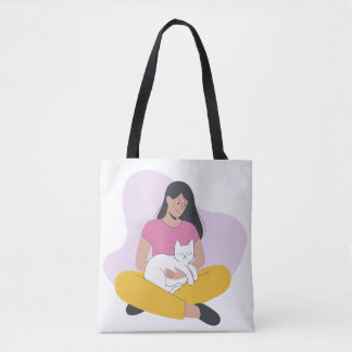 Girl with Cat – Cute Minimalist Cat Lover Tote Bag