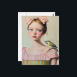 Girl with Cute Bird on Her Shoulder Briefkaart<br><div class="desc">A whimsical cute bird stands in her shoulder oil painting style AI generated art</div>