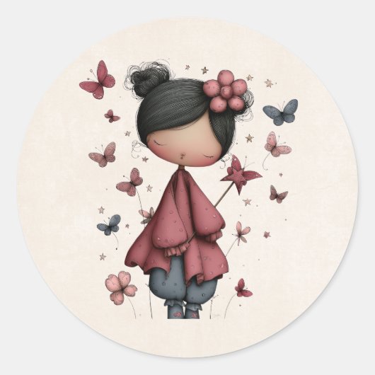 Girl with Magic Wand and Butterflies Ronde Sticker (Voorkant)