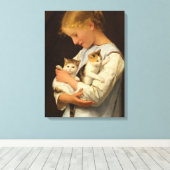 Girl with Two Cats, 1888 by Albert Anker Canvas Afdruk (Insitu (Houten vloer))