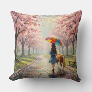 Girl with Umbrella and Pony in Park Throw Pillow Kussen