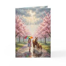 Girl with Umbrella and Pony in Rainy Park