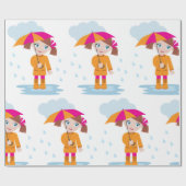 Girl with Umbrella in Rain Kids Rainy Day Cadeaupapier (Vlak)