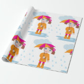 Girl with Umbrella in Rain Kids Rainy Day Cadeaupapier (Uitgerold)