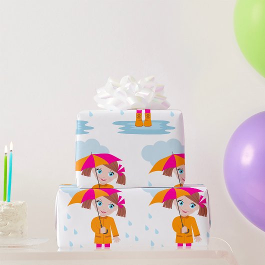 Girl with Umbrella in Rain Kids Rainy Day Cadeaupapier