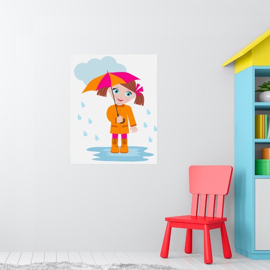 Girl with Umbrella in Rain Kids Rainy Day Poster