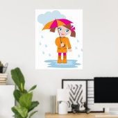 Girl with Umbrella in Rain Kids Rainy Day Poster (Thuiskantoor)