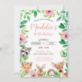 Girl Woodland 1st Birthday Invitation Animals Kaart (Voorkant)