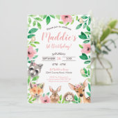 Girl Woodland 1st Birthday Invitation Animals Kaart (Staand voorkant)