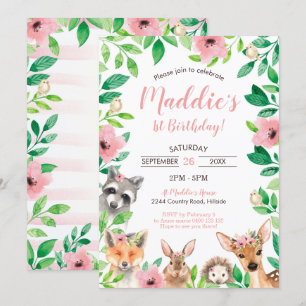 Girl Woodland 1st Birthday Invitation Animals Kaart