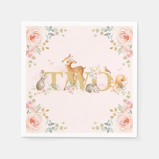 Girl Woodland 2e verjaardag Pink Gold Floral Servet (Voorkant)