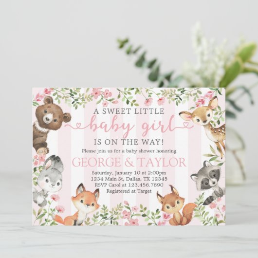 Girl Woodland Animal Baby shower Invite Kaart (Staand voorkant)